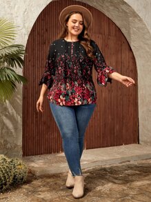 EMERY ROSE Plus Floral Print Fold Pleated Detail Blouse - Black - View 5