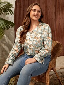 SHEIN Clasi 大碼印花荷葉袖襯衫 - 彩色 - 查看 3