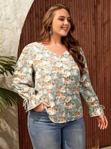 SHEIN Clasi 大碼印花荷葉袖襯衫 - 彩色 - 查看 5