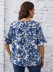 SHEIN LUNE Blusa con estampado floral de manga con volante - Azul y blanco - Ver 2