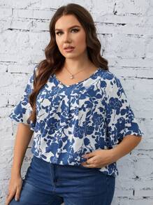 SHEIN LUNE Blusa con estampado floral de manga con volante - Azul y blanco - Ver 3