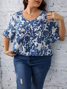 SHEIN LUNE Blusa con estampado floral de manga con volante - Azul y blanco - Ver 4