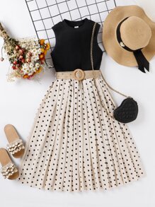 Tween Girl Solid Tank Top & Polka Dot Print Belted Skirt - Multicolor - View 1
