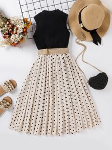 Tween Girl Solid Tank Top & Polka Dot Print Belted Skirt - Multicolor - View 2