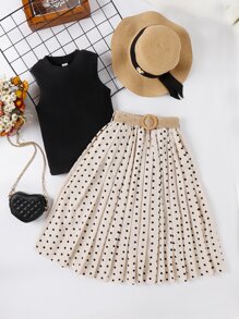 Tween Girl Solid Tank Top & Polka Dot Print Belted Skirt - Multicolor - View 6