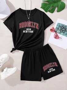 Tween Girl Letter Graphic Tee & Track Shorts - Black - View 1