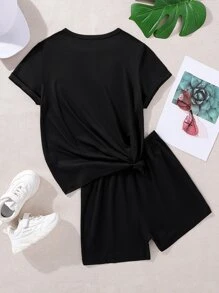 Tween Girl Letter Graphic Tee & Track Shorts - Black - View 2