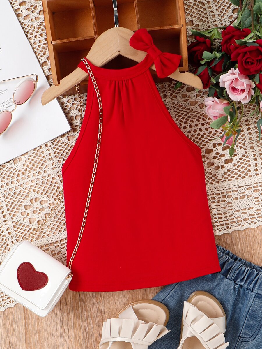 Girls Bow Detail Halter Top - Red - View 1