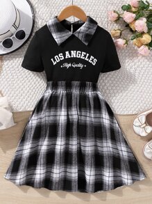 SHEIN 女孩字母圖案拼接格紋翻領T恤和裙子 - 黑與白 - 查看 1