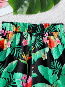 SHEIN Girls Cami Top & Tropical Print Trousers - Black - View 4