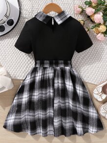SHEIN 女孩字母圖案拼接格紋翻領T恤和裙子 - 黑與白 - 查看 2