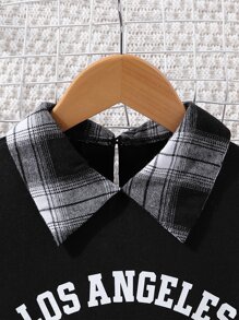SHEIN 女孩字母圖案拼接格紋翻領T恤和裙子 - 黑與白 - 查看 3