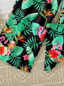 SHEIN Girls Cami Top & Tropical Print Trousers - Black - View 6