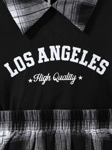 SHEIN 女孩字母圖案拼接格紋翻領T恤和裙子 - 黑與白 - 查看 4