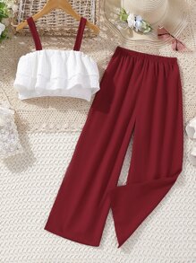Chicas Top de tirantes ribete con fruncido con pantalones - Rojo y blanco - Ver 1