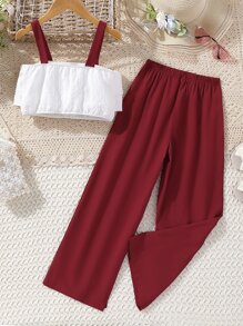 Chicas Top de tirantes ribete con fruncido con pantalones - Rojo y blanco - Ver 2