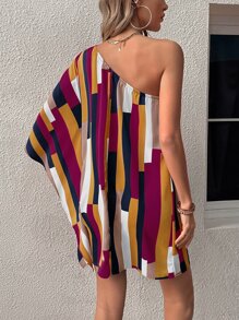 SHEIN Clasi Geo Print One Shoulder Batwing Sleeve Dress - Purple - View 2