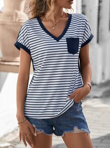 SHEIN LUNE 條紋印花口袋貼布T恤 - 藍白色 - 查看 4