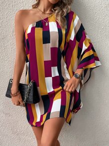SHEIN Clasi Geo Print One Shoulder Batwing Sleeve Dress - Purple - View 3