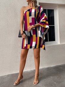 SHEIN Clasi Geo Print One Shoulder Batwing Sleeve Dress - Purple - View 4