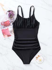 Ruched Bust Cami One Piece Swimsuit - Black - View 1