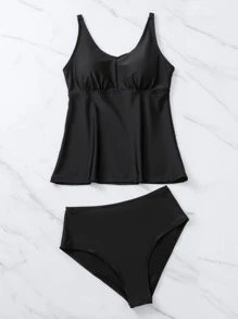 Swim Lushoire Solid High Waisted Tankini Summer Beach - Black - View 3