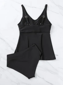 Swim Lushoire Solid High Waisted Tankini Summer Beach - Black - View 4