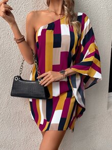 SHEIN Clasi Geo Print One Shoulder Batwing Sleeve Dress - Purple - View 6