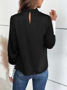 SHEIN LUNE Contrast Cuff Fold Pleated Detail 2 In 1 Blouse - Black - View 3