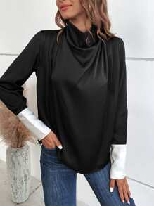 SHEIN LUNE Contrast Cuff Fold Pleated Detail 2 In 1 Blouse - Black - View 4