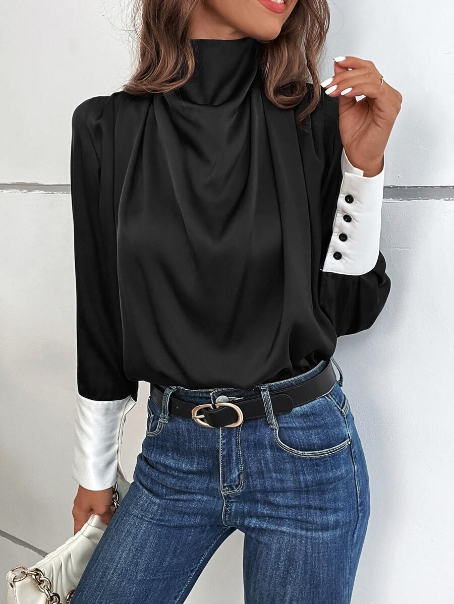 SHEIN LUNE Contrast Cuff Fold Pleated Detail 2 In 1 Blouse - Black - View 1