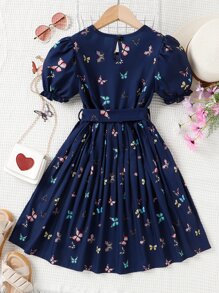 女孩蝴蝶圖案泡泡袖繫腰帶連衣裙不附帶包