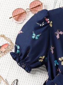 女孩蝴蝶圖案泡泡袖繫腰帶連衣裙不附帶包