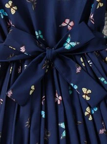 女孩蝴蝶圖案泡泡袖繫腰帶連衣裙不附帶包