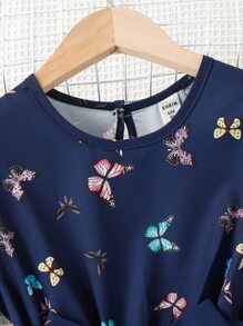 女孩蝴蝶圖案泡泡袖繫腰帶連衣裙不附帶包