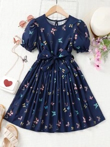 女孩蝴蝶圖案泡泡袖繫腰帶連衣裙不附帶包