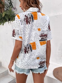 SHEIN LUNE 擦色和字母圖案西裝領襯衫