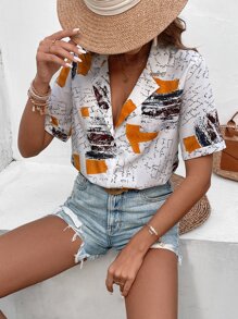 SHEIN LUNE 擦色和字母圖案西裝領襯衫