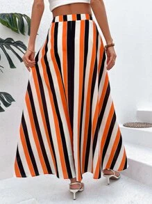 SHEIN VCAY Striped Print Skirt Without Belt - Orange - View 2