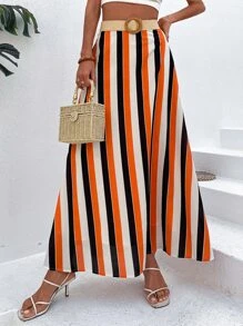 SHEIN VCAY Striped Print Skirt Without Belt - Orange - View 3