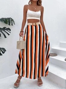 SHEIN VCAY Striped Print Skirt Without Belt - Orange - View 1