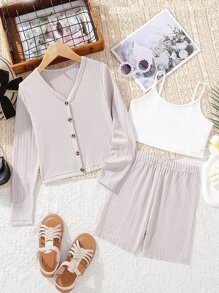 Girls Solid Cami Top & Cycling Shorts & Button Front Tee - Multicolor - View 1