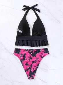 Conjunto de bikini halter con estampado floral y dobladillo de volantes para playa de verano - Multicolor - Ver 4