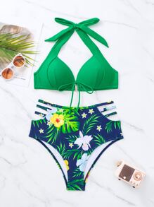 Tropical Print Cut Out Halter Summer Beach Bikini Set - Multicolor - View 5