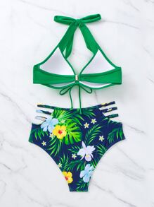 Tropical Print Cut Out Halter Summer Beach Bikini Set - Multicolor - View 4