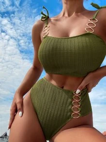 連鎖帶連接的綁帶肩帶夏季沙灘比基尼 - 軍綠色 - 查看 1
