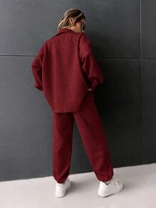 SHEIN EZwear Jachetă și pantaloni de trening matlasați cu detaliu petice cu litere - Burgundia - Vizualizare 2