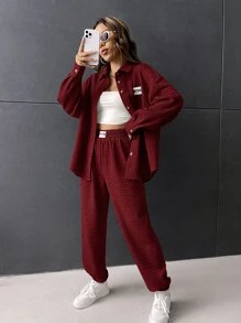SHEIN EZwear Jachetă și pantaloni de trening matlasați cu detaliu petice cu litere - Burgundia - Vizualizare 5