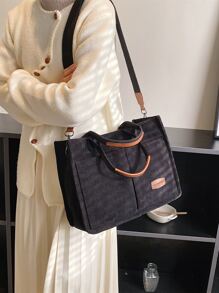 Letter Patch Decor Shoulder Tote Bag,Stylish Linen,PVC Bag For Groceries & Gifts,School Bag,Large Capacity,Portable,For Teen Girls Women College Students,White-Collar Workers,Perfect For Work,Back To School,Middle School,High School,College,Vacation, Large School Tote Bag, Multiple Compartments, Perfect For Beach, School, Work & Daily Use