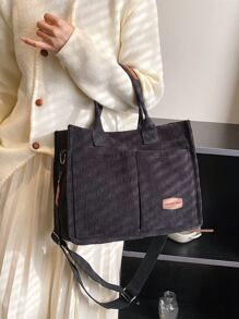 Letter Patch Decor Shoulder Tote Bag,Stylish Linen,PVC Bag For Groceries & Gifts,School Bag,Large Capacity,Portable,For Teen Girls Women College Students,White-Collar Workers,Perfect For Work,Back To School,Middle School,High School,College,Vacation, Large School Tote Bag, Multiple Compartments, Perfect For Beach, School, Work & Daily Use